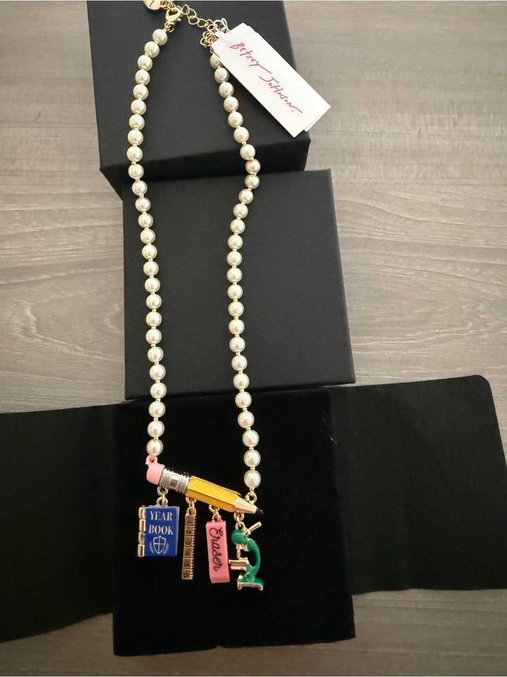 Betsey Johnson White Pearl Strand Necklace with Pencil & Charms NWT